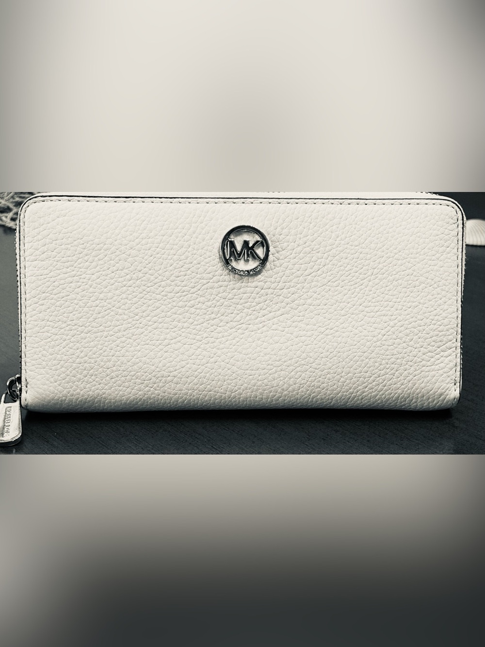 Michael Kors Cream Pebbled Leather Wallet with Silver MK Logo